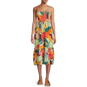 Time and Tru Tropical Floral Maxi Dress in Green, Orange, Pink